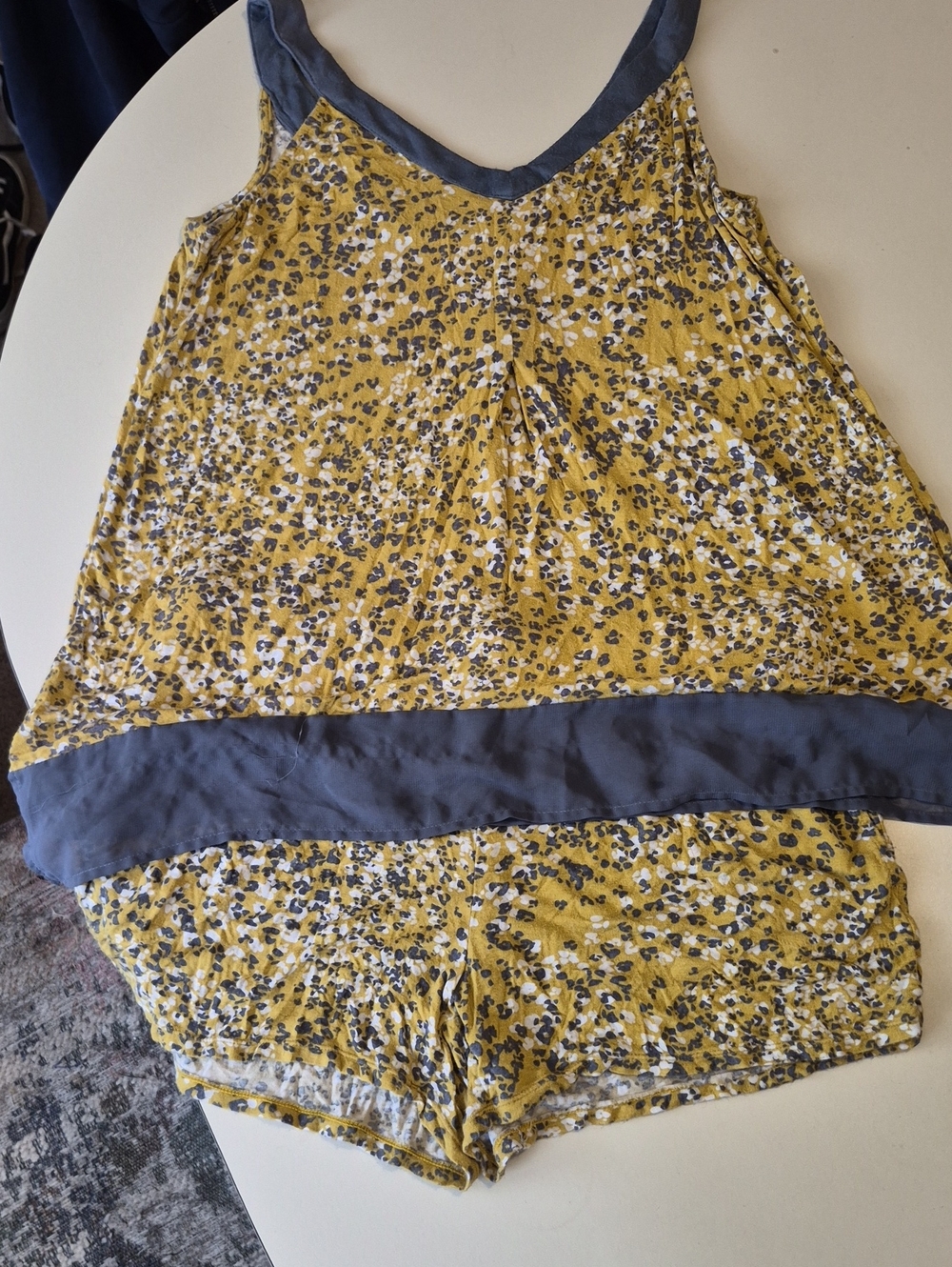 Yellow Floral Print Flowy Top And Matching Shorts Pajama Set with Slate Trim